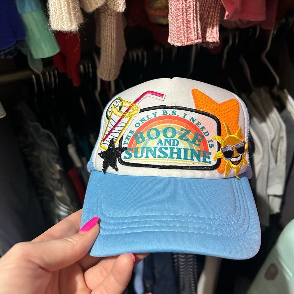 Booze and Sunshine Patch Trucker Hat - Light Blue & White